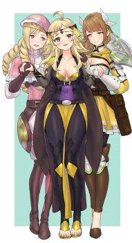 1boy 2girls absurdres ahoge alternate_costume antenna_hair aqua_background belt bisexual_female blonde_hair blush border breasts brown_eyes brown_gloves brown_hair circlet commentary commission drill_hair english_commentary eyelashes fire_emblem fire_emblem_engage fire_emblem_fates forrest_(fire_emblem) furrowed_brow gloves goldmary_(fire_emblem) grey_eyes highres holding_hands huge_breasts implied_bisexual large_breasts long_hair looking_at_another multiple_girls nintendo open_mouth ophelia_(fire_emblem) outside_border pouch redkite333 simple_background smile standing toes trap white_border yellow_eyes