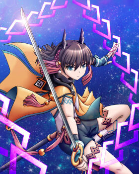 1girl azure_striker_gunvolt azure_striker_gunvolt_3 between_fingers black_hair black_shoes blue_background blue_eyes body_markings cowboy_shot earrings highres holding holding_sword holding_weapon horns jewelry kirin_(gunvolt) ofuda ofuda_between_fingers pink_hair red_hair shirt shoes short_hair solo sphere_earrings sword weapon white_shirt windybirdid yellow_cloak