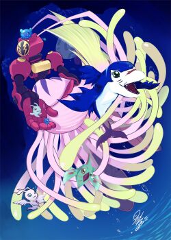 Rule 34 | absurdres, amphimon, armor, digimon, digimon (creature), diving suit, full armor, highres, manbomon, marinangemon, pitchmon, puyomon, puyoyomon, robot girl, rukamon, sanekokoa, swimmon