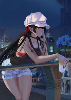 1girl absurdres against_railing alternate_costume bare_shoulders black_choker black_hair black_shirt bra bra_peek chisa_(wuthering_waves) choker closed_mouth collarbone commentary cup dalianartwork denim denim_shorts english_commentary hair_ribbon hand_up hat highres holding holding_cup looking_at_viewer night night_sky outdoors railing red_bra red_eyes red_ribbon ribbon shirt shorts sky smile solo tacet_mark_(wuthering_waves) thighs underwear white_hat wuthering_waves