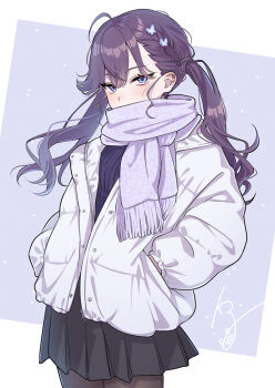 1girl ahoge black_pantyhose black_skirt black_sweater blue_eyes braid butterfly_hair_ornament coat commentary_request courreges_ace covered_mouth cowboy_shot ear_piercing gakuen_idolmaster hair_ornament hands_in_pockets highres idolmaster kaya_rinha light_blush long_sleeves looking_at_viewer miniskirt open_clothes open_coat pantyhose piercing pleated_skirt puffy_long_sleeves puffy_sleeves purple_background purple_hair purple_scarf ribbed_sweater scarf side_braid signature skirt solo standing sweater twintails two-tone_background unzipped white_background white_coat winter_clothes winter_coat