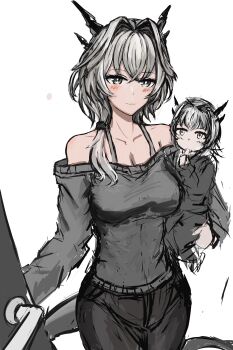 2girls absurdres arknights bare_shoulders black_pants blush breasts carrying cleavage collarbone cowboy_shot door dragon_girl dragon_horns dragon_tail grey_eyes grey_hair grey_shirt grey_sweater hair_between_eyes hair_intakes highres horns if_they_mated long_hair long_sleeves looking_at_viewer medium_breasts mother_and_daughter multiple_girls off-shoulder_sweater off_shoulder open_door pants shirt siblings simple_background sisters sketch smile sweater tail talulah_(arknights) third-party_source white_background zc007