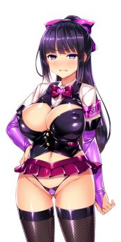 1girl adapted_costume armband black_hair black_thighhighs blunt_bangs blush bow bowtie breasts bridal_gauntlets cleavage cleavage_cutout clenched_teeth clothing_cutout covered_erect_nipples elbow_gloves fishnet_thighhighs fishnets g-string game_cg gloves gluteal_fold hair_bow hand_on_own_hip heart high_ponytail highleg highleg_panties kisaragi_nozomi large_breasts long_hair looking_at_viewer micro_panties microskirt navel non-web_source official_art panties pleated_skirt ponytail purple_bow purple_eyes satou_kuuki shinsou_seiki_elementia shiny_skin sidelocks skirt solo standing string_panties teeth thighhighs thong transparent_background underwear variant_set