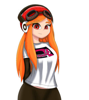 1girl beanie black_sleeves breasts goggles goggles_on_head hair_between_eyes hat headphones headphones_over_headwear large_breasts light_smile meggy_spletzer midriff_peek orange_hair pants red_eyes red_hat shirt simple_background skin_tight smile solo sunset_paradise swept_bangs t-shirt tagme thick_eyebrows tight_clothes tight_pants white_background white_shirt yoga_pants