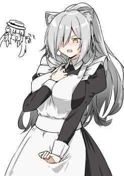 Rule 34 | 2girls, absurdres, alternate costume, animal ears, apron, arknights, black dress, blush, breasts, cellphone, ceylon (arknights), collared dress, commentary request, dress, drooling, embarrassed, enmaided, frilled apron, frills, grey hair, hair over one eye, hand on own chest, hand up, highres, holding, holding phone, juliet sleeves, large breasts, long hair, long sleeves, maid, maid apron, multiple girls, open mouth, phone, puffy sleeves, schwarz (arknights), simple background, smartphone, sweatdrop, taking picture, white apron, white background, xibu cai, yellow eyes