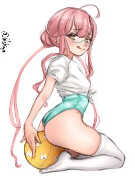 1girl :3 ahoge ass ball beachball between_buttocks blue_one-piece_swimsuit blush commentary crop_top floral_print from_behind glasses hair_between_eyes highres kantai_collection kneeling licking_lips lilshigu long_hair looking_at_viewer makigumo_(kancolle) makigumo_(swimsuit)_(kancolle) official_alternate_costume one-hour_drawing_challenge one-piece_swimsuit pink_hair shirt short_sleeves sidelocks simple_background skindentation solo swimsuit thighhighs thighs tied_shirt tongue tongue_out turning_head twitter_username very_long_hair white_background white_shirt white_thighhighs yellow_eyes