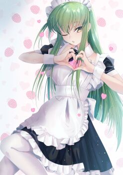 1girl absurdres alternate_costume apron black_bow black_bowtie black_dress bocchi_the_rock! bow bowtie budgiepon c.c. code_geass commentary_request cosplay detached_collar dress enmaided feet_out_of_frame frilled_apron frilled_dress frills gotoh_hitori gotoh_hitori_(cosplay) green_hair hair_between_eyes hands_up heart heart_hands highres long_hair looking_at_viewer maid maid_apron maid_headdress moe_moe_kyun! one_eye_closed pantyhose parted_lips short_sleeves sidelocks simple_background solo standing straight_hair strawberry_background very_long_hair white_apron white_background white_pantyhose white_wrist_cuffs wrist_cuffs yellow_eyes