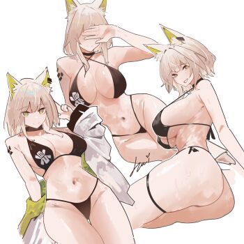 1girl alternate_breast_size_(larger) animal_ears arknights ass bikini black_bikini breasts cat_ears cat_girl commentary covering_face english_commentary green_eyes grey_hair highres jacket kal'tsit_(arknights) large_breasts looking_at_viewer material_growth multiple_views navel nuggetkouhai oripathy_lesion_(arknights) short_hair simple_background smile stomach swimsuit thighs white_background white_jacket