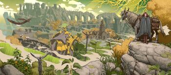 1girl axe bird black_cloak branch bridge brown_hair cape castle cloak crucifixion eagle elden_ring facial_tattoo fantasy fromsoftware giant hood hooded_cape hooded_cloak horse horseback_riding landscape lily_pad long_hair looking_at_viewer luis_melo melina_(elden_ring) one-eyed one_eye_closed riding scar sheep tattoo torrent_(elden_ring) tree_sentinel