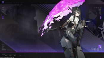 Rule 34 | 1girl, absurdres, artist request, black hair, blue eyes, bodysuit, girls' frontline, girls' frontline 2: exilium, highres, holding, holding behind back, holding sword, holding sword behind back, holding umbrella, holding weapon, holding weapon behind back, horns, long hair, looking at viewer, official art, official wallpaper, over shoulder, phaetusa (girls' frontline 2), rubble, sangvis ferri, second-party source, single horn, sitting, solo, sword, umbrella, weapon