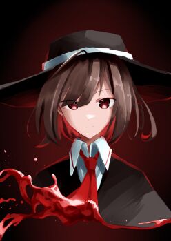1girl absurdres alcohol black_capelet black_hat brown_hair capelet collar dark_background fedora hair_between_eyes hat highres liquid necktie red_background red_collar red_eyes short_hair solo t-hou touhou usami_renko wide_brim wine