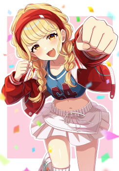 1girl blue_sports_bra blush braid clenched_hands collarbone commentary_request confetti fang fingernails foreshortening fujita_kotone gakuen_idolmaster hairband highres idolmaster jacket long_hair midriff miniskirt navel open_clothes open_jacket red_hairband red_jacket sakura_ran skin_fang skirt smile socks solo sports_bra standing standing_on_one_leg twin_braids white_skirt white_socks