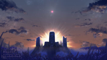 cloud cloudy_sky commentary_request evening gradient_sky grass highres mame_yuduru no_humans orange_sky original outdoors scenery sky sunset