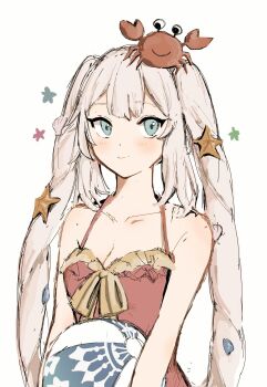 1girl ball bare_shoulders beachball blue_eyes blush breasts cleavage crab dress_swimsuit fate/grand_order fate_(series) fgo_si highres long_hair looking_at_viewer marie_antoinette_(fate) marie_antoinette_(swimsuit_caster)_(first_ascension)_(fate) medium_breasts red_swimsuit sidelocks smile solo twintails very_long_hair white_hair