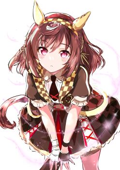 Rule 34 | 1girl, absurdres, animal ears, asymmetrical gloves, black jacket, black necktie, black thighhighs, blush, braid, breasts, brown hair, buena vista (heroina inocente) (umamusume), buena vista (umamusume), checkered collar, checkered hairband, collared shirt, commentary request, fingerless gloves, gloves, hair between eyes, hair ornament, hairband, headband, highres, horse ears, horse girl, horse tail, jacket, kanon (flowercanon), looking at viewer, medium hair, mismatched gloves, necktie, purple eyes, shirt, simple background, single thighhigh, skirt, solo, tail, thighhighs, umamusume, white shirt