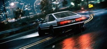 blurry blurry_background car city city_lights depth_of_field drifting driving fujiwara_takumi's_toyota_trueno_ae86 highres initial_d mirror motion_blur motor_vehicle night no_humans outdoors rain reflection reflective_liquid road scenery speedometer steering_wheel street tachometer toyota toyota_sprinter_trueno tree vehicle_focus water weinberg