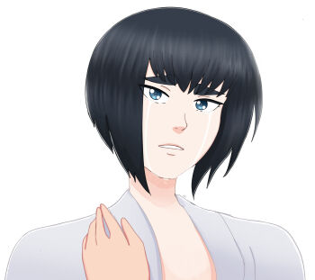 2girls black_hair blue_eyes bob_cut close-up commentary crying english_commentary hand_on_another highres jakuzure_nonon karinakamichi kill_la_kill kiryuuin_satsuki multiple_girls out_of_frame portrait short_hair tears yuri