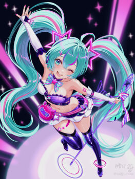 1girl ahoge aqua_eyes aqua_hair armpits bandeau bare_shoulders black_choker boots bow bowtie breasts choker cleavage detached_sleeves from_above hatsune_miku highres holding holding_microphone_stand long_hair long_sleeves looking_at_viewer medium_breasts microphone_stand midriff miniskirt multicolored_hair muse_dash navel one_eye_closed open_mouth outstretched_arms purple_boots purple_thighhighs skirt smile solo stomach strapless streaked_hair thigh_boots thighhighs tsukiyuki_mike tube_top twintails two-tone_bandeau very_long_hair vocaloid white_skirt zettai_ryouiki
