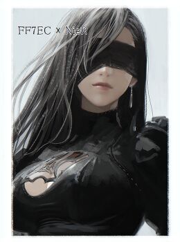 1girl 2b_(nier:automata) 2b_(nier:automata)_(cosplay) black_dress black_hair blindfold breasts cleavage cleavage_cutout closed_mouth clothing_cutout commentary cosplay covered_eyes d.k dress earrings final_fantasy final_fantasy_vii final_fantasy_vii:_ever_crisis grey_background jewelry large_breasts lips long_hair nier:automata nier_(series) official_alternate_costume pink_lips puffy_sleeves single_earring solo symbol-only_commentary teardrop_earrings tifa_lockhart turtleneck turtleneck_dress upper_body