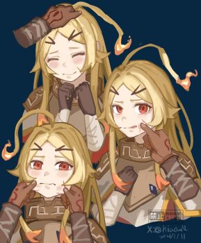 Rule 34 | 1boy, 1girl, ahoge, artist name, bandages, blonde hair, blue background, blunt bangs, blush, brown gloves, cheek pull, closed eyes, closed mouth, collar, cropped shoulders, dark skin, dated, facial mark, facing viewer, gloves, gold trim, hair ornament, hairclip, hand on another's cheek, hand on another's face, hand on another's head, hand on own chest, hand tattoo, head tilt, headpat, highres, huge ahoge, long hair, looking at viewer, multicolored hair, niao de, open mouth, orange hair, out of frame, poncho, red eyes, simple background, solo, tattoo, teoritta, twitter username, watermark, white poncho, yuushakei ni shosu