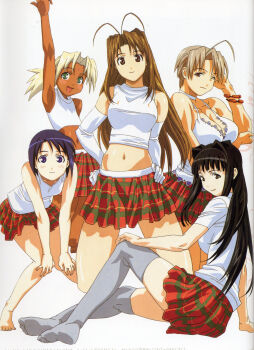 5girls :3 absurdres ahoge akamatsu_ken antenna_hair aoyama_motoko bare_shoulders barefoot bindi black_hair blonde_hair blue_hair blush_stickers bob_cut breasts brown_hair cleavage crop_top elbow_gloves feet gloves hair_intakes highres kaolla_su kneeling konno_mitsune long_hair looking_back love_hina maehara_shinobu midriff multiple_girls narusegawa_naru navel no_shoes official_art one_eye_closed plaid_clothes plaid_skirt ponytail shirt short_hair skirt smile thighhighs white_shirt wink