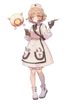 1girl absurdres artist_request bandaged_leg bandages black_necktie blonde_hair bloomers blush boots braid breasts clipboard cross dress full_body hat headset highres holding holding_clipboard holding_syringe humanoid_robot long_sleeves looking_at_viewer mechanical_arms necktie non-humanoid_robot non-web_source nurse nurse_cap nurse_robot_type_t nurse_robot_type_t_(caramel) official_alternate_costume official_art orange_eyes pocket red_cross robot short_hair simple_background small_breasts solo standing syringe tachi-e transparent_background underwear utau white_bloomers white_boots white_dress white_hat