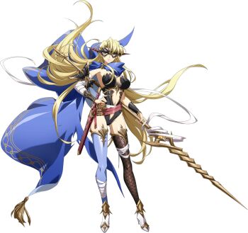 1girl asymmetrical_legwear bandaged_arm bandages belt black_leotard blonde_hair blue_cloak breasts cleavage cloak closed_mouth clothing_cutout curtained_hair eye_mask fishnet_thighhighs fishnets floating_cape floating_hair full_body game_cg hand_on_own_hip high_heels highres holding holding_polearm holding_weapon langrisser langrisser_millenium_ws langrisser_mobile large_breasts leotard long_hair looking_at_viewer mask mismatched_thighhighs multiple_belts navel official_art orange_eyes polearm rerebrace second-party_source sheath sheathed shoes simple_background solo spear standing sword tachi-e thighhighs tiana_(langrisser) torn_cloak torn_clothes transparent_background vambraces variant_set very_long_hair weapon white_shoes