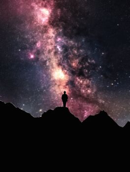 1other absurdres ambiguous_gender commentary english_commentary highres katsuo_shimanto milky_way night original outdoors scenery silhouette sky sky_focus standing star_(sky) starry_sky