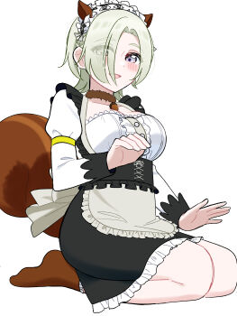 Rule 34 | 1girl, absurdres, alternate breast size (larger), animal ears, black skirt, breasts, brown socks, cleavage, collarbone, commentary request, eyes visible through hair, full body, grey eyes, grey hair, hair over one eye, highres, ishimochi (daleka333), juliet sleeves, lap pillow invitation, large breasts, long sleeves, looking at viewer, love live!, love live! nijigasaki high school idol club, maid, maid headdress, mia taylor, open mouth, puffy sleeves, shirt, short hair, simple background, skirt, socks, solo, squirrel ears, squirrel tail, tail, underbust, white background, white shirt