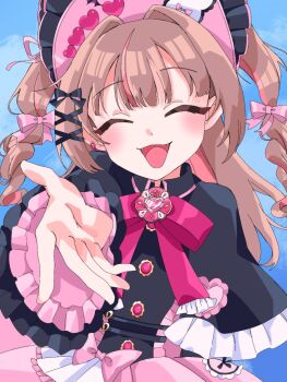 Rule 34 | 1girl, black capelet, black ribbon, black sleeves, blue background, blunt bangs, blush, bonnet, bow, brooch, brown hair, buttons, capelet, closed eyes, colored inner hair, dress, drill hair, ear ornament, fangs, frilled bonnet, frilled capelet, frilled dress, frilled sleeves, frills, gomidayo5353, hair intakes, hair ornament, hair ribbon, heart, heart brooch, highres, jewelry, long hair, long sleeves, magical girl, makaino ririmu, multicolored hair, neck ribbon, nijisanji, official alternate costume, official alternate hairstyle, open mouth, pink bow, pink dress, pink hair, pink ribbon, pink streaks, pointy ears, puffy long sleeves, puffy sleeves, reaching, reaching towards viewer, red ribbon, ribbon, sidelocks, smile, solo, standing, streaked hair, two-tone hair, two side up, upper body, virtual youtuber, winged heart, x hair ornament