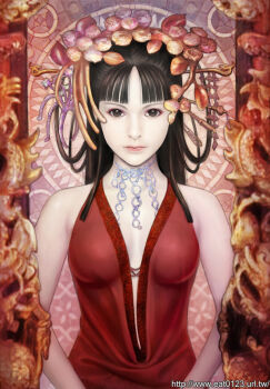 1girl dress eat eat0123 female_focus petals photorealistic realistic red_dress solo