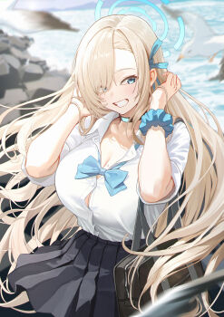 1girl absurdres amam_(64943468) asuna_(blue_archive) asuna_(school_uniform)_(blue_archive) beach bird black_choker black_skirt blonde_hair blue_archive blue_bow blue_bowtie bow bowtie breasts button_gap choker cleavage day floating_hair grin hair_over_one_eye highres large_breasts long_hair miniskirt mole mole_on_breast outdoors pleated_skirt rock scrunchie seagull shirt shirt_tucked_in skirt smile solo very_long_hair water white_shirt wrist_scrunchie