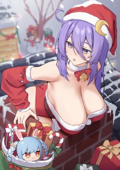 1girl absurdres ass bare_shoulders bell box breasts candy candy_cane chimney cleavage collar commentary commission detached_sleeves double-parted_bangs english_commentary food fur-trimmed_headwear fur-trimmed_leotard fur-trimmed_sleeves fur_collar fur_trim gift gift_box hair_between_eyes hat highres hololive hololive_indonesia kangbus large_breasts leotard long_hair long_hair_between_eyes moona_hoshinova neck_bell open_mouth outdoors pom_pom_(clothes) purple_eyes purple_hair red_hat red_leotard red_sleeves sack santa_hat santa_leotard second-party_source snow snowing solo strapless stuffed_toy usada_pekora virtual_youtuber white_collar
