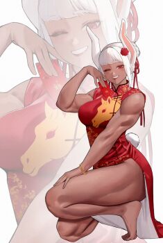 Rule 34 | 1girl, ;), alternate costume, alternate hairstyle, animal ears, bare arms, bare legs, bare shoulders, barefoot, blunt bangs, boku no hero academia, bracelet, breasts, china dress, chinese clothes, chinese new year, chinese zodiac, clothing cutout, commentary, dark-skinned female, dark skin, dress, english commentary, envelope, feet, finger to cheek, floral print, floral print dress, flower, hair bun, hair flower, hair ornament, hair ribbon, holding, holding envelope, hongbao, horse print, jewelry, large breasts, long eyelashes, looking at viewer, medium hair, mirko, on one knee, one eye closed, print dress, rabbit ears, rabbit girl, rabbit tail, red dress, red eyes, red flower, red ribbon, ribbon, sleeveless, sleeveless dress, smile, solo, tail, tail through clothes, thick thighs, thighs, tiptoes, toes, toned, toned female, white hair, year of the horse, zoom layer, zukululuu