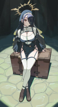 1girl absurdres black_hair black_hat blue_archive boots box breasts brown_boots cleavage closed_mouth hair_over_one_eye hat highres hinata_(blue_archive) large_breasts long_hair looking_at_viewer matlink nun on_box red_eyes shirt sidelocks sitting thighhighs white_shirt white_thighhighs
