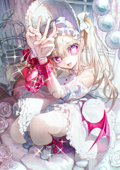 1girl absurdres ball_and_chain_restraint birdcage blonde_hair bonnet cage commentary_request cuffs demon_wings doll_joints double_v dress frilled_dress frills handcuffs hands_up heart heart-shaped_pupils highres indoors joints looking_at_viewer low_wings negimapurinn open_mouth original pink_eyes symbol-shaped_pupils twintails v white_bonnet white_dress wings