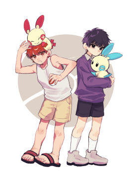 2boys a_nzi_end absurdres black_eyes black_hair child commentary_request gen_3_pokemon highres holding holding_poke_ball holding_pokemon long_sleeves looking_at_viewer male_focus minun multiple_boys nintendo open_mouth plusle poke_ball pokemon pokemon_(creature) purple_sweater red_hair rukawa_kaede sakuragi_hanamichi sandals short_hair short_sleeves shorts slam_dunk_(series) sweater tank_top white_tank_top