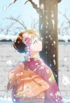 Rule 34 | 1girl, artist name, bare tree, blurry, blurry background, brick wall, brown hair, closed mouth, commentary request, day, eyelashes, floral print, floral print kimono, flower, flower on head, from behind, hair between eyes, highres, japanese clothes, kimono, looking up, obi, orange sash, original, outdoors, pink flower, pink kimono, print kimono, sash, short hair, snow, snowing, solo, teardrops (user vgvd7733), tree, updo, upper body