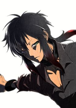 Rule 34 | 1boy, alternate costume, angry, black hair, cuffs, facial tattoo, frown, heterochromia, highres, juugo (nanbaka), looking at viewer, male focus, multicolored hair, nanbaka, red hair, shackles, sidelocks, solo, tattoo, torn clothes, two-tone hair, upper body, white background