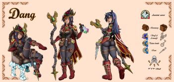 1girl absurdres arrow_(projectile) ass bag belt_pouch blue_hair bomb boot_knife breasts cape chair character_name reference_sheet commission completionist_cape_(runescape) dagger dang_(runescape) duellist's_cap_(tier_6) earrings effy_neprin explosive glowing_hat hair_between_eyes hat highres holding holding_dagger holding_knife holding_staff holding_weapon jewelry key knife kris_(weapon) long_hair medium_breasts multiple_views on_chair original potion pouch runescape satchel skull spiked_ear_piercing staff staff_of_armadyl_(runescape) sword thick_eyebrows weapon wizard_hat yellow_eyes