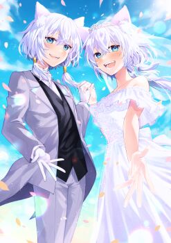 2girls absurdres animal_ears bare_shoulders black_vest blue_eyes breasts bridal_veil cat_ears cat_girl commentary_request crossdressing crossdressing_(ftm) dress dual_persona flat_chest gloves haruka_sion highres holding_hands indie_virtual_youtuber low_twintails medium_breasts multiple_girls off-shoulder_dress off_shoulder petals ponytail purple_hair reverse_trap tiara tohyama_shage tuxedo twintails veil vest virtual_youtuber wedding_dress white_dress white_gloves