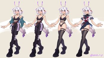 1girl absurdres alternate_costume alternate_species antennae aqua_jacket bell black_bodysuit black_pants black_shoes black_sports_bra black_thighhighs blue_sailor_collar blue_skirt blush bodysuit bodysuit_under_clothes breasts closed_mouth clothes_writing collared_shirt commentary english_commentary eyelashes fanny_pack filian_(vtuber) full_body hair_bell hair_ornament highres indie_virtual_youtuber jacket midriff multiple_views navel neckerchief off_shoulder open_clothes open_jacket outstretched_arms pants purple_eyes red_neckerchief sailor_collar savio_r_p school_uniform serafuku shirt shoelaces shoes short_sleeves skirt smile snail_girl sports_bra spread_arms stomach tail thighhighs twitter_username virtual_youtuber white_hair white_shirt