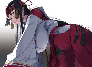 Rule 34 | 1girl, all fours, black hair, bow, breasts, hair bow, hanging breasts, highres, japanese clothes, large breasts, legs, long hair, looking at viewer, miko, multiple girls, pink lips, rashoujin mizuki, red eyes, samurai spirits, smile, snk, solo, thighs