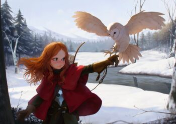1girl alkemanubis armor arrow_(projectile) bird blue_eyes blush bow_(weapon) breastplate cloak commentary day english_commentary female_focus forest gloves highres hood hood_down hooded_cloak long_hair looking_to_the_side nature original outdoors owl quiver red_hair river snow solo weapon wind winter