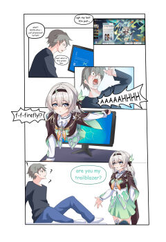 1boy 1girl ? ?? absurdres black_hairband black_jacket blush commentary computer computer_keyboard dress english_commentary firefly_(honkai:_star_rail) green_dress grey_hair hair_between_eyes hairband highres honkai:_star_rail honkai_(series) jacket kaiba&#039;s_defeat_(meme) looking_at_viewer maxwelzy meme monitor neckerchief open_mouth orange_neckerchief pink_hair sam_(honkai:_star_rail) speech_bubble