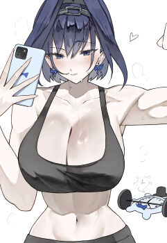 1girl abs absurdres alternate_costume barbell bare_shoulders black_pants black_sports_bra blue_eyes blue_hair blush bow bow_earrings breasts chain chain_headband cleavage clock collarbone earrings ewn exercising hair_intakes hat highres hololive hololive_english jewelry kronie_(ouro_kronii) large_breasts looking_at_viewer mascot midriff multicolored_hair navel ouro_kronii pants ribbon_earrings selfie short_hair simple_background smile sports_bra sportswear stomach sweat toned toned_female top_hat virtual_youtuber weightlifting white_background workout_clothes yoga_pants