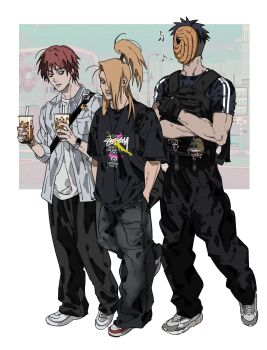 Rule 34 | 3boys, absurdres, bag, black gloves, black hair, black pants, black shirt, blonde hair, blue eyes, blue shirt, chasenmage, cup, deidara (naruto), dong2taku, drinking straw, gloves, hands in pockets, highres, male focus, mask, multiple boys, naruto (series), naruto shippuuden, pants, red hair, sasori (naruto), shirt, tobi (naruto), uchiha obito, watch, white footwear, white shirt, wristwatch
