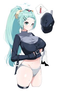 1girl absurdres alternate_hairstyle black_hat black_sweater blue_archive breasts clothes_lift cowboy_shot cropped_legs green_eyes grey_panties hair_ornament hair_scrunchie hairclip halo hat highres hiyori_(blue_archive) jacket large_breasts light_green_hair long_hair long_sleeves looking_at_viewer midriff navel newsboy_cap open_mouth panties plentyofempty ponytail scrunchie solo stomach sweatdrop sweater sweater_lift thermometer underwear