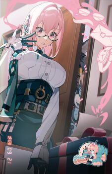 1boy 3girls absurdres animal_ears asaba_harumasa black_gloves black_hair black_skirt blue_oni box breasts chinese_commentary commentary earpiece fox_ears gift gift_box gloves hand_up happy_birthday high-waist_skirt highres hoshimi_miyabi indoors large_breasts long_hair multiple_girls official_art oni open_mouth peeking pencil_skirt pink_eyes pink_hair red_eyes semi-rimless_eyewear shirt skirt solo_focus soukaku_(zenless_zone_zero) timestamp tsukishiro_yanagi white_shirt yellow_eyes zenless_zone_zero