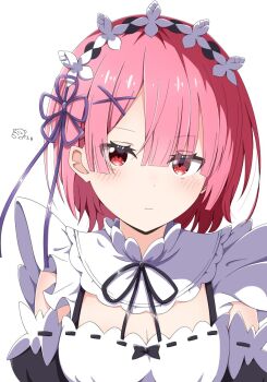 blue_hair blush breasts detached_sleeves hair_ornament hair_over_one_eye hair_ribbon highres kaedemarine looking_at_viewer medium_breasts multiple_girls pink_hair ram_(re:zero) re:zero_kara_hajimeru_isekai_seikatsu red_eyes ribbon roswaal_mansion_maid_uniform short_hair solo x_hair_ornament